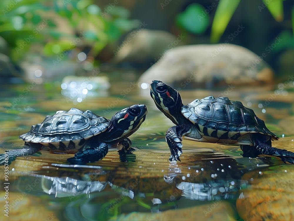 Poster two turtles interacting in a calm pond with rocks and greenery in the background during daylight