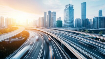 Fototapeta premium Highway overpass motion blur effect with modern city skyline background 