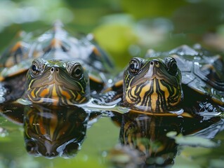 Fototapeta premium Two turtles resting on the water's surface in a lush, green pond during daylight