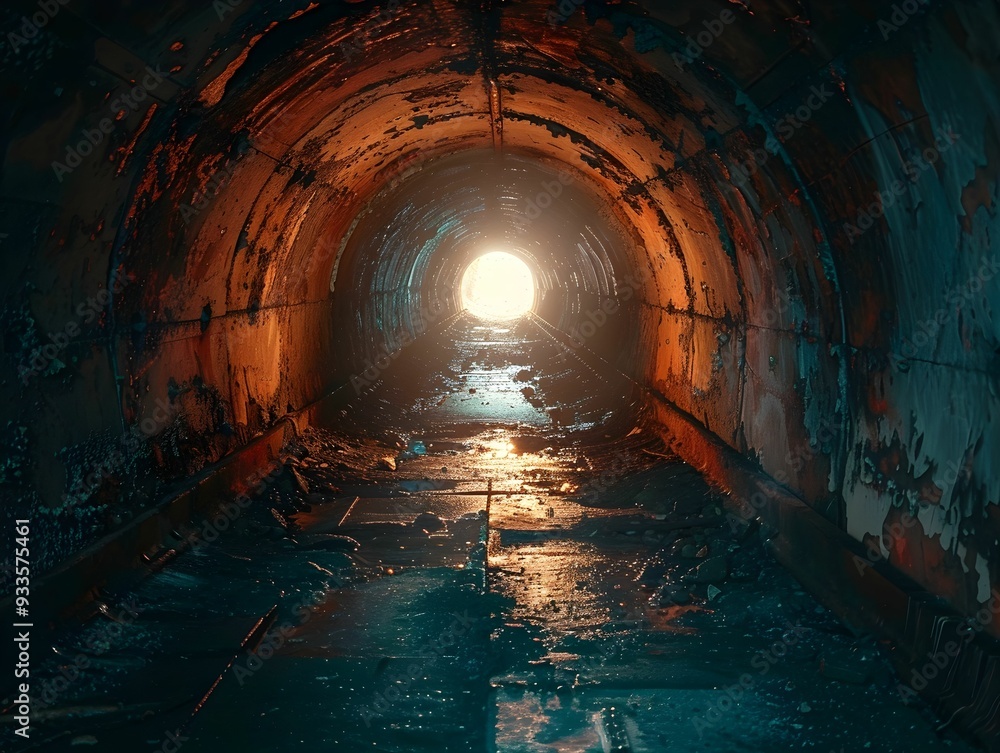 Poster a tunnel with light at the end, showcasing wet surfaces and colorful reflections in an urban setting
