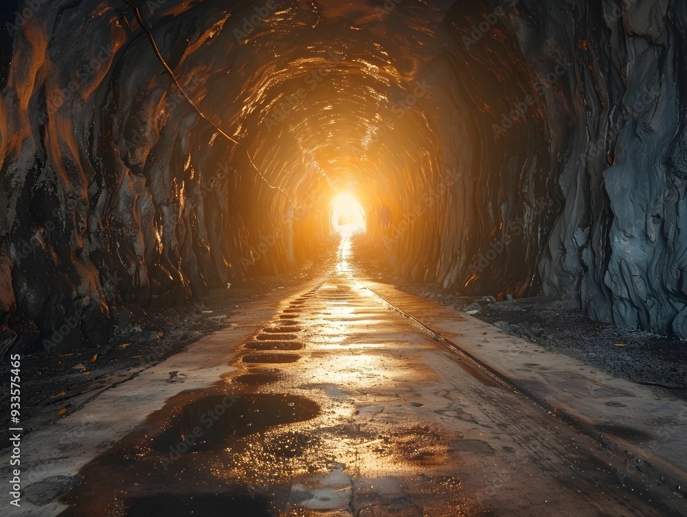 Poster light shining at the end of a damp tunnel with reflective surfaces at dusk