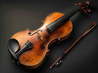 A beautifully crafted vintage violin with bow set against a dark background