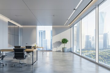 Modern office interior with brick wall, industrial style desk and chairs, and large windows.
