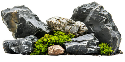 [Transparent Background PNG]Grey Rock with Green Moss Isolated on White Background