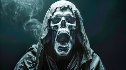 A terrifying reaper with a skull face screams into the abyss, clad in a dark cloak, perfectly embodying the spirit of Halloween in a chilling atmosphere