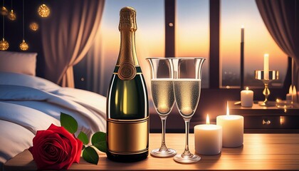 romantic background - bottle of champagne, glasses, rose, candles