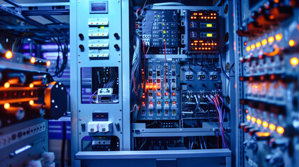 A high-tech control panel brims with electrical switches and wires, showcasing advanced industrial equipment in a mesmerizing blue-lit environment