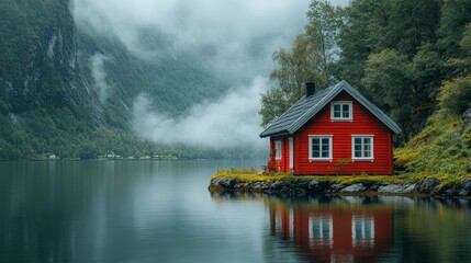 Fototapeta premium Red Cabin by the Foggy Lake