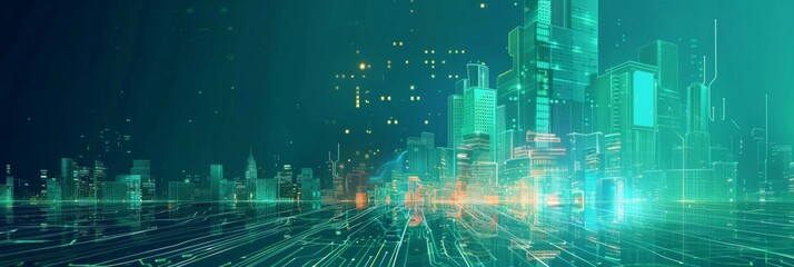 Obraz premium Futuristic Smart Cyber City illustration: Innovative Urban Landscape, futuristic technology and cyber punk concept, Graphic Resources, Wallpapers, Brochure, Websites, banner, Advertising, background