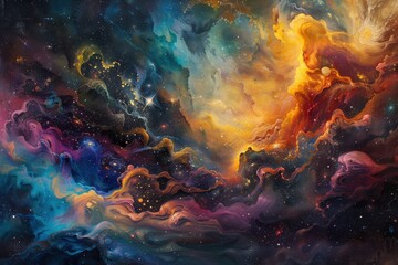 Abstract Cosmic Nebula with Swirling Colors and Stars