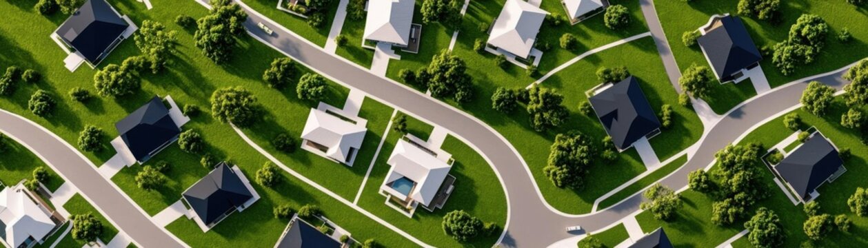 Master-planned community, aerial view of residential housing development, 3D illustration