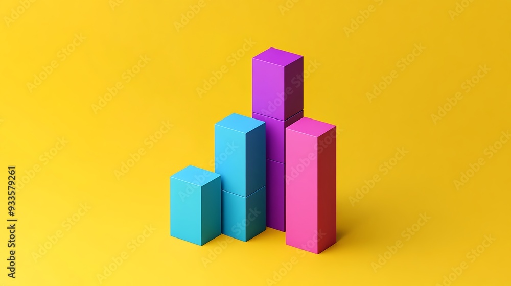 Aufkleber geometric bar graph visualization in minimalistic isometric style on yellow background with hyper-re