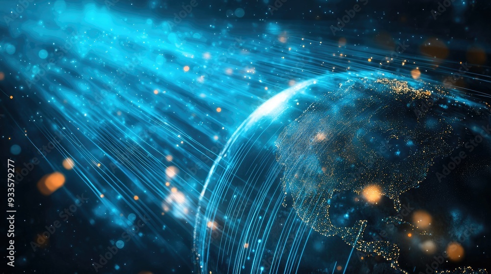Poster a tech-inspired earth globe with fiber optics streaming across, symbolizing the digital age and glob