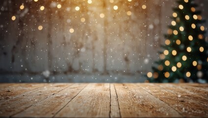 Empty white wood table top with abstract warm living room decor with christmas tree string light blur background with snow,Holiday backdrop,Mock up banner for display of advertise