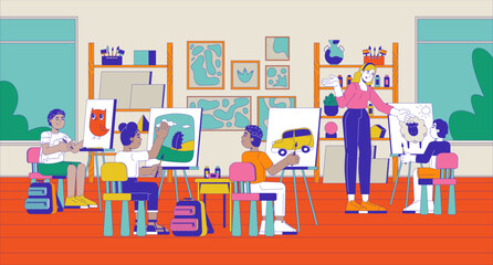 Naklejka premium Middle school art class cartoon flat illustration. Art teacher giving advice to kid about drawing 2D characters colorful background. Schoolkids painting canvas easel scene vector storytelling image