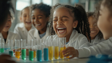 A group of joyful African American students in lab coats smiling and laughing while conducting experiments with colorful test tubes. The scene focuses on their engaging expressions and hands handling 