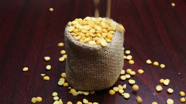 Dried yellow peas are poured on a heap of jute bag 4k footage. Pigeon peas, Arhar legume drops on bag. Slow motion. vegetable protein source for vegetarians and vegans.

