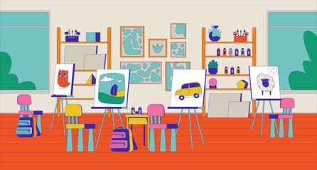 Easels art studio cartoon flat illustration. Canvas painting class 2D interior colorful background. Pre-school schoolroom. Drawing lesson furniture. School room workshop classroom scene vector image