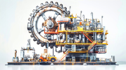 A vibrant industrial setup displaying large gears and machinery involved in oil production, illustrating the energy and evolution of the oil industry