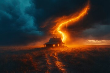 Fototapeta premium A Cabin Illuminated by a Dramatic Storm and Lightening