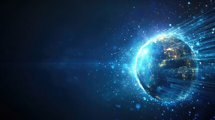 A tech-inspired Earth globe with fiber optics streaming across, symbolizing the digital age and global networks, with copy space for text.