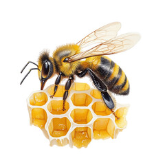 A close-up illustration of a bee on a honeycomb, showcasing intricate details and vibrant colors, perfect for nature and agriculture themes.