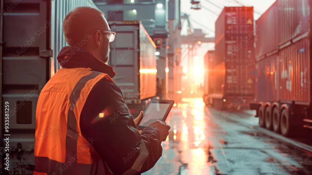 Poster a logistics worker in a safety vest uses a tablet to manage data in a busy container port at sunset,