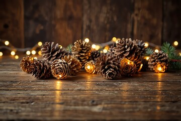 Holiday image with Christmas golden garland lights and pine cones over wooden background