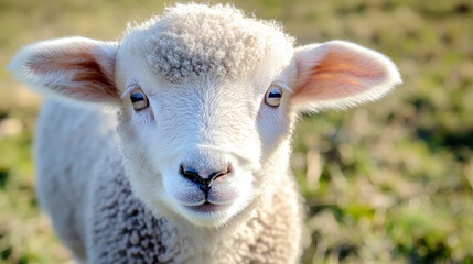 Obraz premium A young lamb gazes at the camera with wide, sparkling eyes, evoking a sense of curiosity and innocence in a peaceful meadow