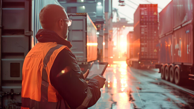 A logistics worker in a safety vest uses a tablet to manage data in a busy container port at sunset, optimizing transportation and freight operations