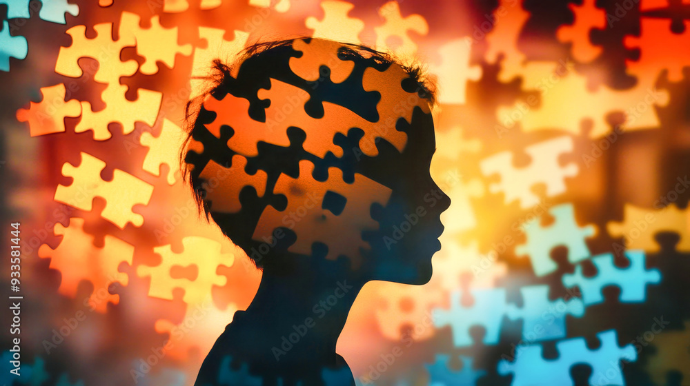 Poster a silhouette stands thoughtfully in front of a colorful wall made of puzzle pieces, with light and b