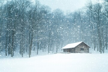A Wooden Cabin Nestled Among Bare Trees in a Snowy Forest