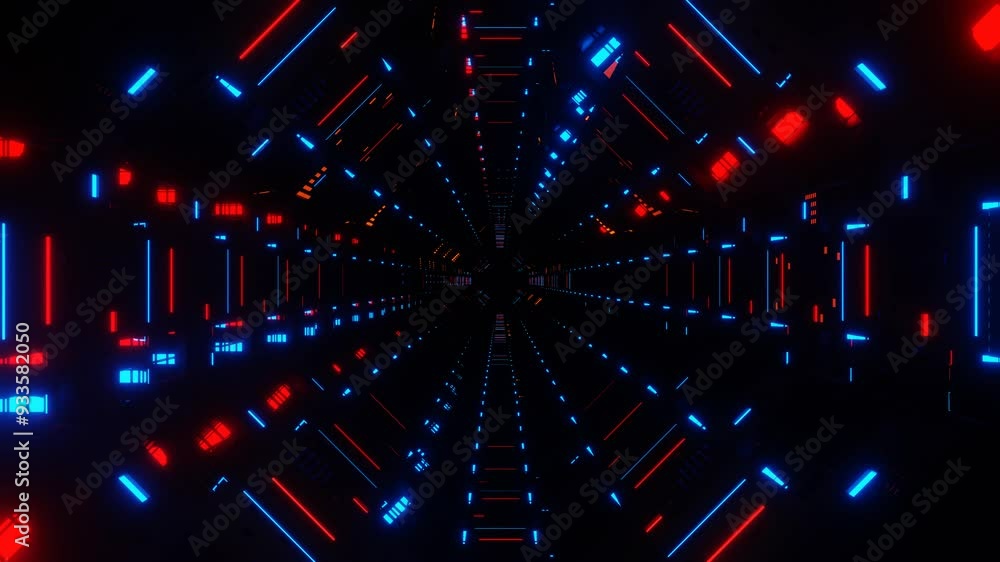 Aufkleber camera fly through endless dark tunnel with flashing red and blue lights. 3d render looped animation