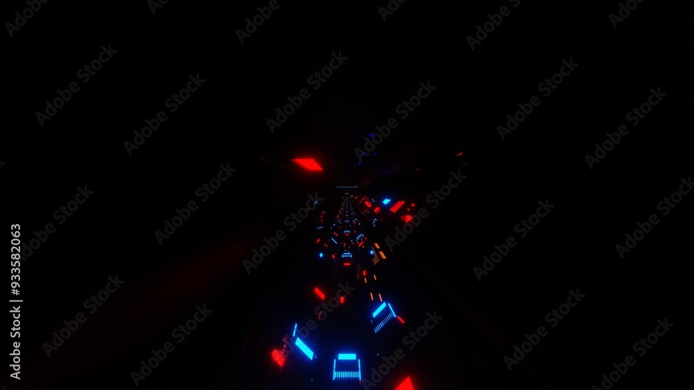 Aufkleber camera fly through endless dark tunnel with flashing red and blue lights. 3d render looped animation
