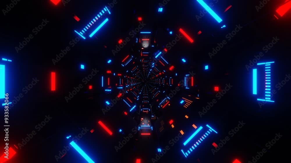 Aufkleber camera fly through endless dark tunnel with flashing red and blue lights. 3d render looped animation