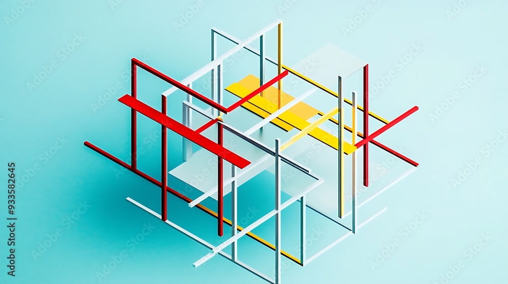 Aufkleber Abstract Parallel Coordinates Plot in Minimalistic Isometric Design with Red and Yellow Tones on Light Blue Background