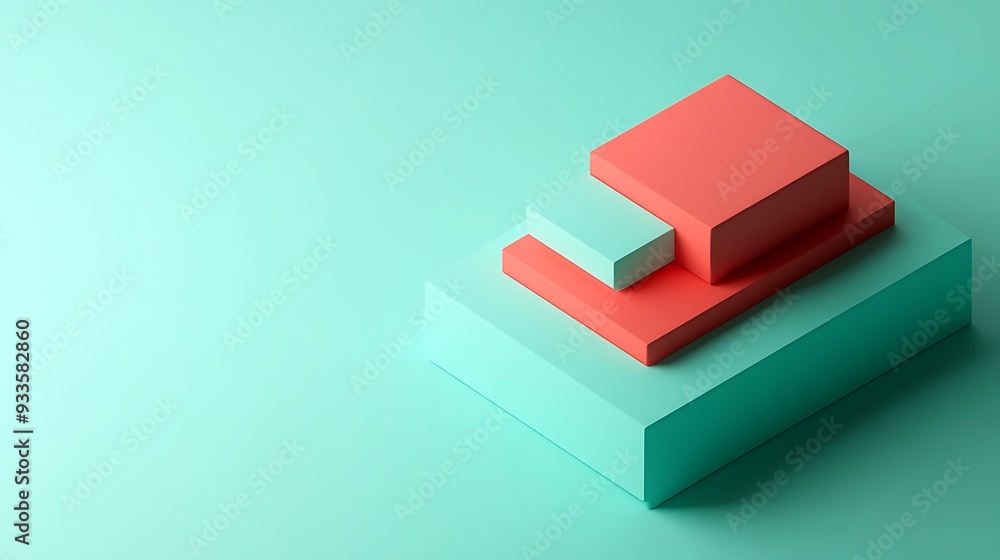 Aufkleber modern isometric hierarchical chart in red and teal on green background with hyper-realistic style