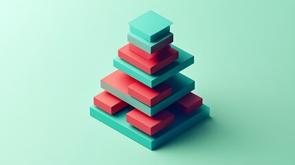 Modern Hierarchical Isometric Chart with Stacked Layers in Red and Teal on Green Background