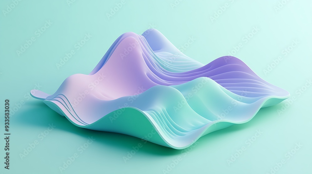 Poster abstract isometric contour plot in green and purple tones on light blue background with hyper-realis