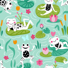 Cute Funny Frogs in Pond Vector Seamless Pattern