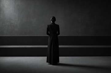 Obraz premium A solitary figure in a long black dress stands with her back to the viewer in a dark, minimalist space. The image evokes a sense of solitude, mystery, and contemplation.