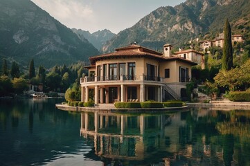 Fototapeta premium beautiful view of the villa by the lake with mountains