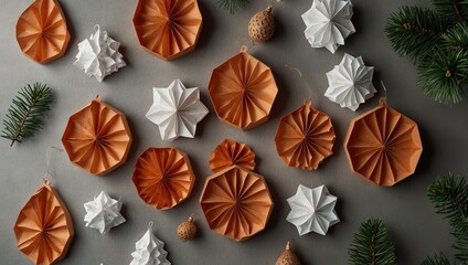 Scandinavian christmas paper honeycomb ornaments. Modern christmas decoration, minimalist and plastic free. Flat lay, top view