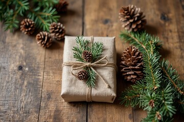 Stylish christmas rustic gift wrapped in linen fabric with green branch on wooden table with pine cones, tree,reindeer, twine, cotton. Simple eco presents plastic free 