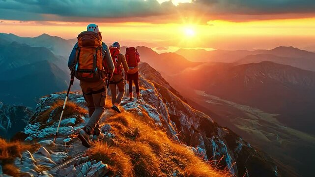 Climbers on a mountainside offering assistance over the precipice. Collaboration and the never-give-up mentality