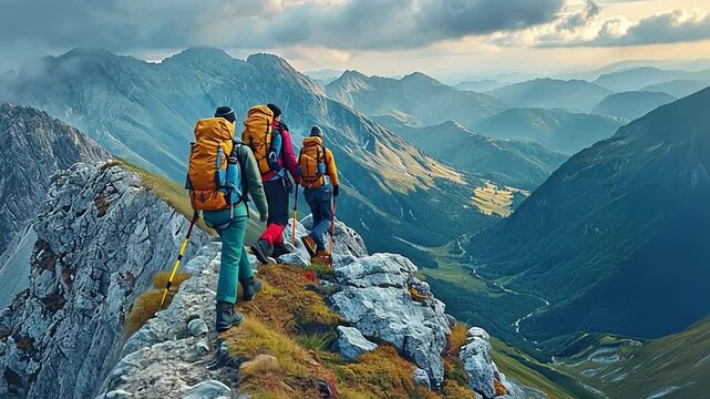 Climbers on a mountainside offering assistance over the precipice. Collaboration and the never-give-up mentality