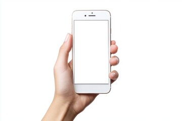 Closeup of a hand holding a white smartphone with a blank screen.