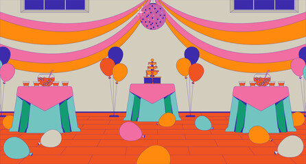 Highschool prom party interior cartoon flat illustration. High school dance formal event 2D interior colorful background. Ribbons balloons. Discotheque ball, punch bowls tables scene vector image