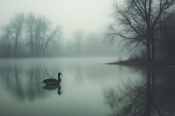 Naklejka premium A Lone Goose Swims Through Foggy Waters