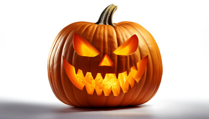 Obraz premium A carved pumpkin with a menacing grin, glowing from within, isolated on a white background